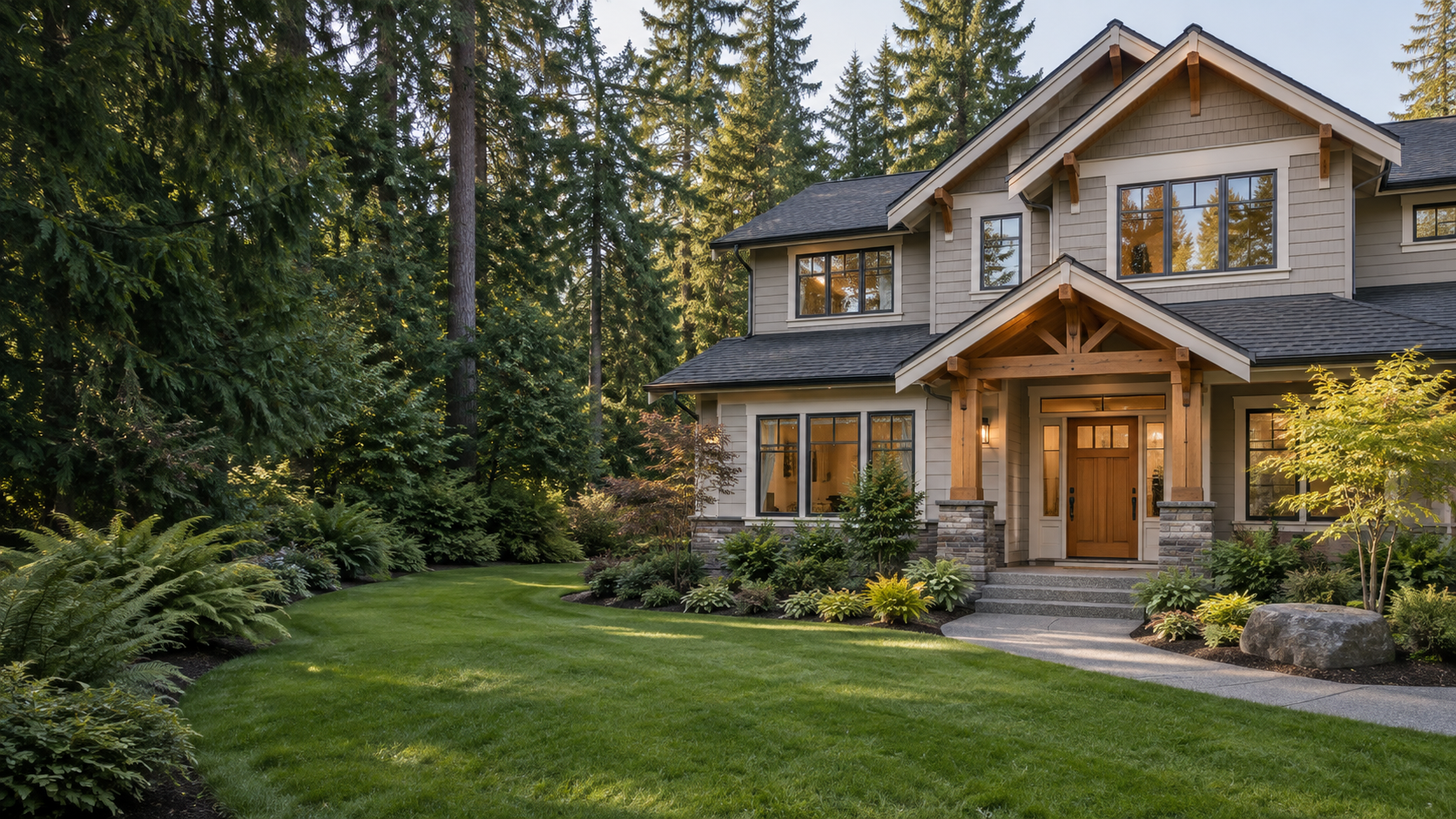 Illustrative Bellevue-area Craftsman home among evergreen trees