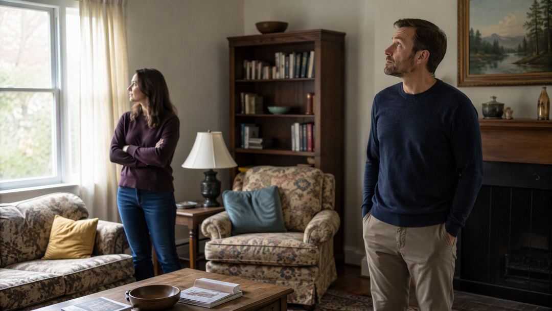 AI-generated illustration of two fictional adults observing an older furnished living room. They are not actual clients or staff.